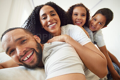 Buy stock photo Happy family, portrait and selfie with children and parents relax, play and having fun in their home together. Face, smile and African kids laugh with mother and father for photo while bonding