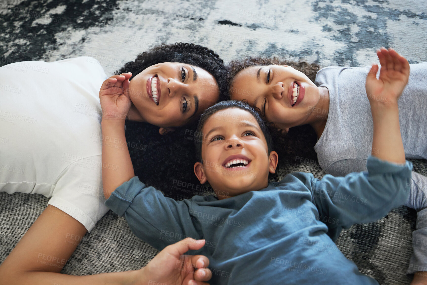 Buy stock photo Family, mother and kids relax together at home, love and care in portrait with motherhood and happiness. Freedom, happy people and bonding, black woman and children smile, quality time and childhood