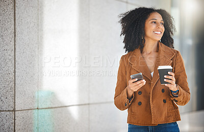 Buy stock photo Black woman walking in city with coffee, phone and typing on social network, internet search and mockup. Happy female, urban street and mobile technology on smartphone, connection and 5g notification