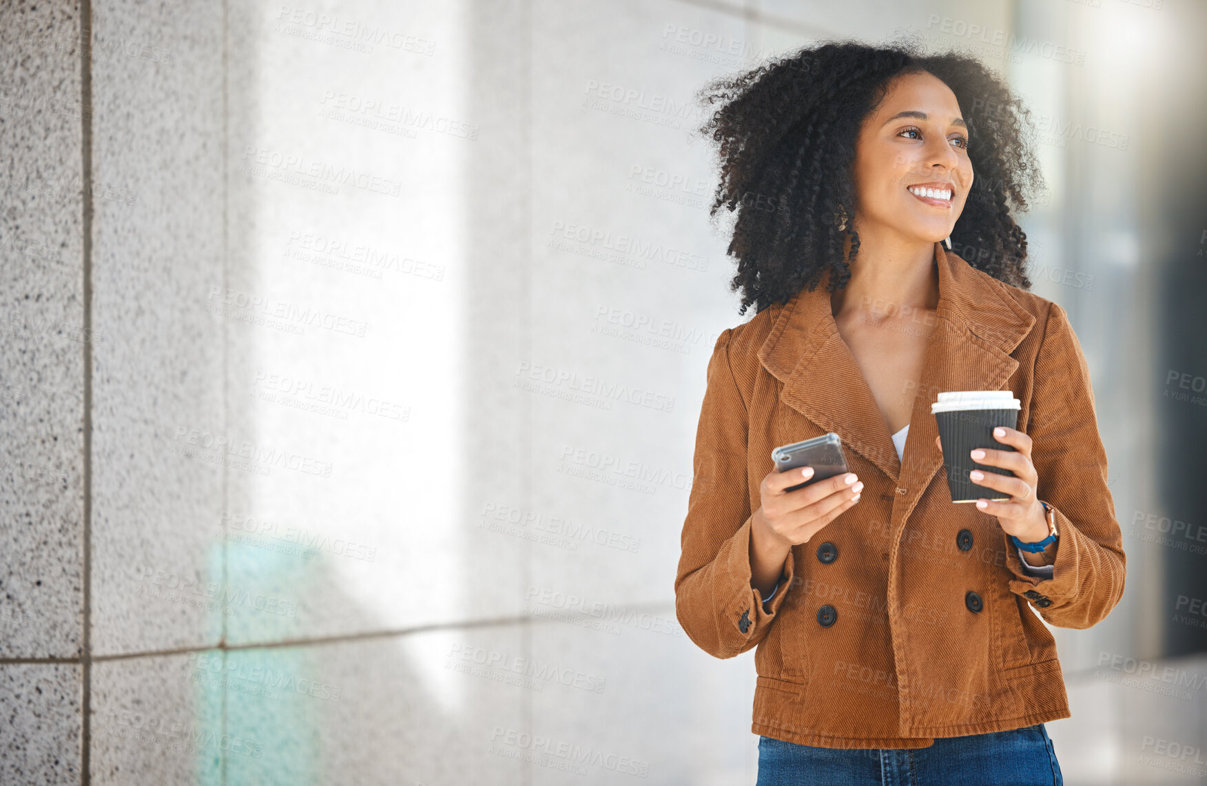 Buy stock photo Black woman walking in city with coffee, phone and typing on social network, internet search and mockup. Happy female, urban street and mobile technology on smartphone, connection and 5g notification