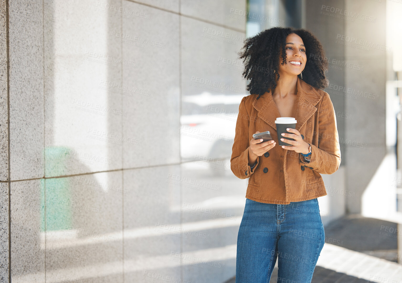 Buy stock photo Coffee, phone and black woman in city with 5g technology, networking and mobile chat app while walking. Ideas, thinking and inspiration of happy person with smartphone on urban sidewalk for travel