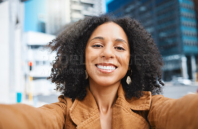 Buy stock photo Black woman, city and selfie with smile, sunshine and urban adventure on sidewalk in summer. Girl, outdoor and street for digital photo, profile picture or web app with happiness, holiday or travel