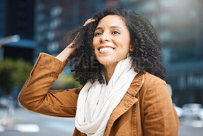 Buy stock photo Travel, freedom and black woman in a city, happy and smile on vacation against urban background. Face, smile and tourist on holiday on New York, cheerful and relax downtown for fun, journey or break