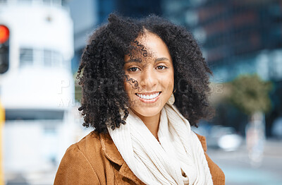 Buy stock photo Freedom, travel and portrait of black woman in a city, happy and smile on vacation against urban background. Face, smile and tourist on holiday on New York, cheerful and relax downtown for exploring