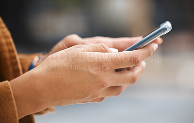 Buy stock photo Hands, cellphone and woman in city typing on social network, internet search and mobile gps for travel. Urban app, closeup and smartphone technology for 5g online connection, web post or notification