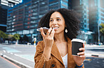 Black woman, city and talking with phone, voice and loudspeaker of speech. Happy female, street and mobile microphone for communication, audio chat and recording conversation on 5g digital connection