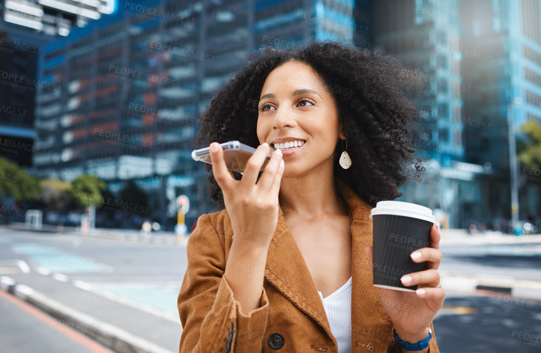 Buy stock photo Black woman, city and talking with phone, voice and loudspeaker of speech. Happy female, street and mobile microphone for communication, audio chat and recording conversation on 5g digital connection