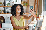Black woman, coffee shop and selfie with smile, happiness and relax for social media, app or profile picture. Young gen z girl, student and cafe with smartphone, photo and laptop for research study
