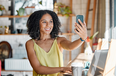 Buy stock photo Black woman, coffee shop and selfie with smile, happiness and relax for social media, app or profile picture. Young gen z girl, student and cafe with smartphone, photo and laptop for research study