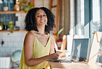 Black woman, portrait and writing in cafe, laptop or planning remote worker, freelance research or restaurant. Happy female in coffee shop, notes and computer technology of blogging on social network