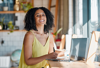 Buy stock photo Black woman, portrait and writing in cafe, laptop or planning remote worker, freelance research or restaurant. Happy female in coffee shop, notes and computer technology of blogging on social network