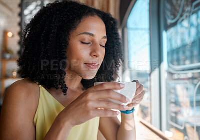 Buy stock photo Black woman, relax or smelling coffee in cafe shop or restaurant for lunch break, mindfulness or self love zen. Thinking, student or person with tea cup aroma for drinking, inspiration or calm peace