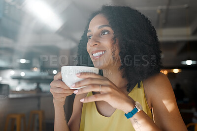 Buy stock photo Morning cup of tea, black woman and coffee shop thinking with a young person in a restaurant. Cafe, sitting and happy African female with a hot drink enjoying a day with happiness and an idea