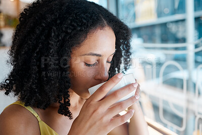 Buy stock photo Black woman, relax or drinking coffee in cafe or restaurant for lunch break, mindfulness or self love zen. Beverage, student or person with tea cup drink for personal time, inspiration or calm peace