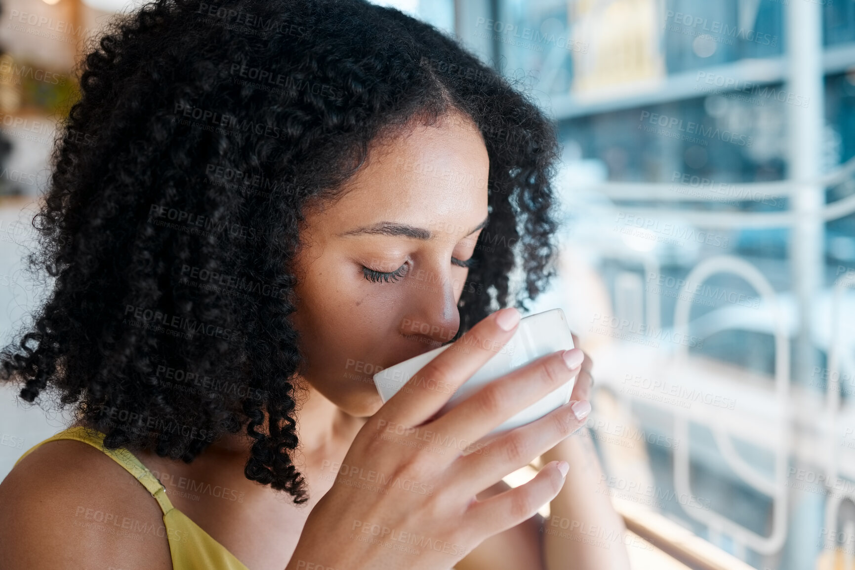 Buy stock photo Black woman, relax or drinking coffee in cafe or restaurant for lunch break, mindfulness or self love zen. Beverage, student or person with tea cup drink for personal time, inspiration or calm peace