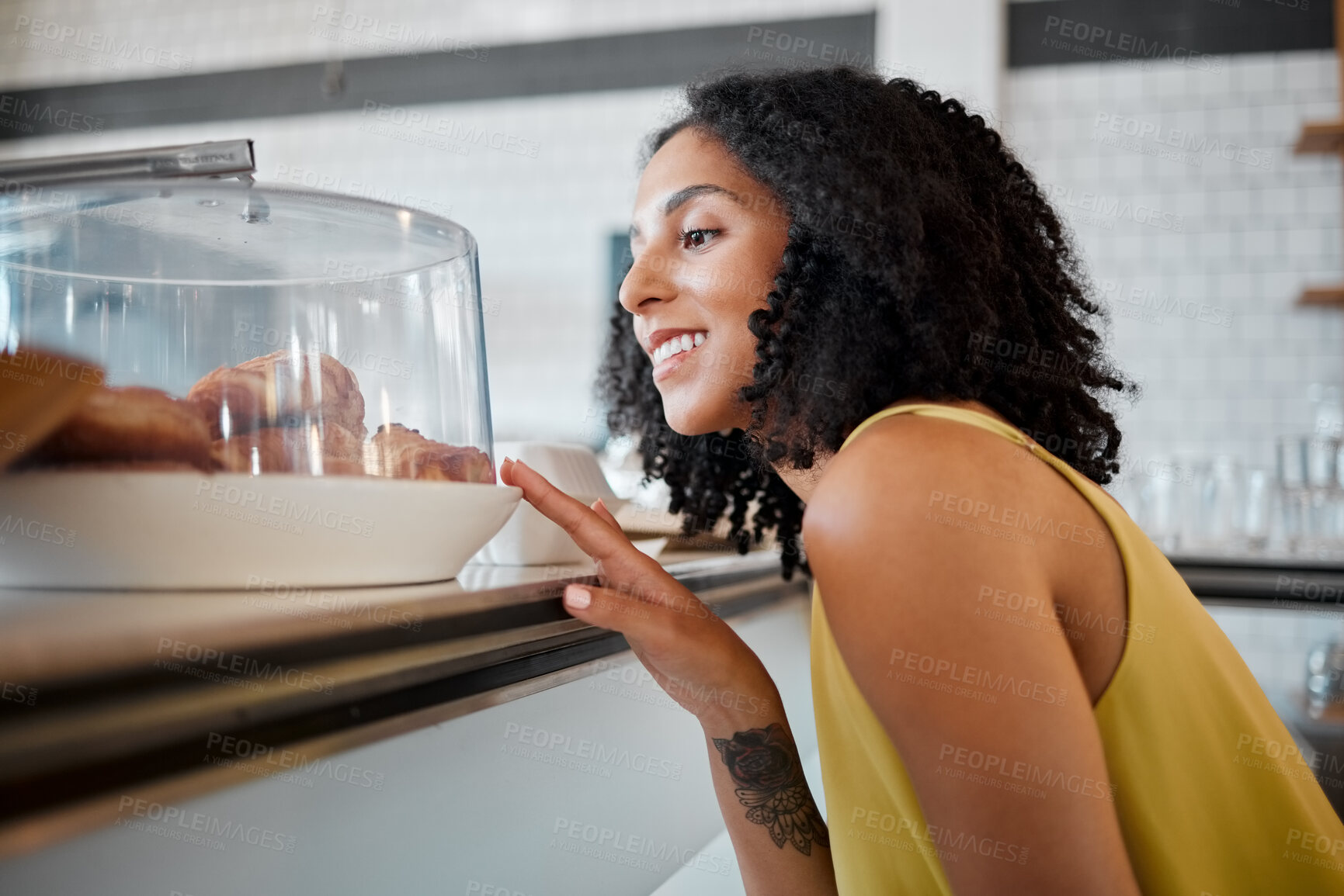 Buy stock photo Coffee shop, happy and woman looking at croissants for breakfast, snack or delicious craving. Happiness, smile and female buying a fresh baked pastry by a cafe, restaurant or bakery in Puerto Rico.