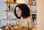 Black woman, cafe and choose croissant with happy smile for snack, food or treat at breakfast to start morning. Girl, bakery or coffee shop with decision, thinking or choice for sweet french bread