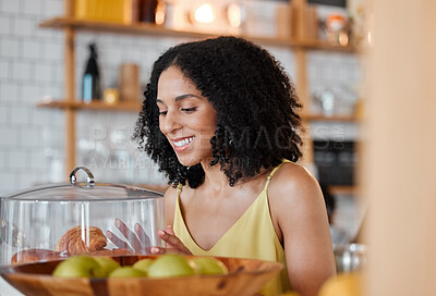 Buy stock photo Black woman, cafe and choose croissant with happy smile for snack, food or treat at breakfast to start morning. Girl, bakery or coffee shop with decision, thinking or choice for sweet french bread