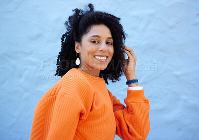 Buy stock photo Black woman, portrait or fashion hairstyle on isolated blue background, mockup backdrop or wall mock up. Smile, happy or relax student in trendy, cool or stylish clothes for youth clothing branding