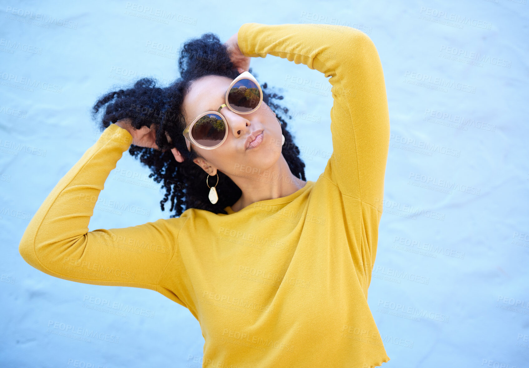 Buy stock photo Fashion, sunglasses and black woman with kiss face, summer style and beauty with hairstyle on blue background. Fun, pose and African American model, trendy and stylish with designer brand mockup