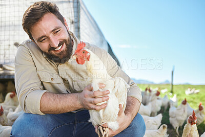 Buy stock photo Chicken, farmer and man on livestock farm for sustainable, agriculture and environmental farming. Eco friendly, organic and agro male with poultry animal for his industry business in the countryside.