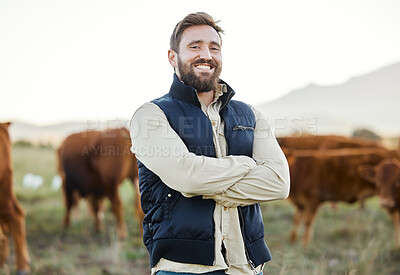 Buy stock photo Small business, farming and portrait of man with cows in field, happy farm life in countryside in dairy and beef production. Nature, farmer and sustainability and confidence in agriculture and food.