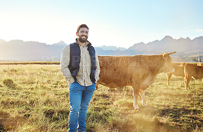Buy stock photo Sustainability, farming and portrait of farmer with cows on field, happy man in countryside with dairy and beef production. Nature, meat and milk farm, sustainable business in agriculture and food.