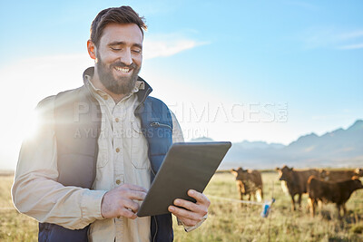 Buy stock photo Smile, cow agriculture or man with tablet on farm for sustainability, production or industry growth research. Agro, happy or farmer on countryside field for dairy stock, animals or food checklist 