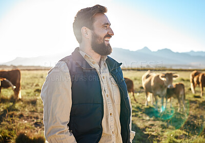 Buy stock photo Sustainability, farming and man with cows on field, happy farmer in countryside with mountains, dairy and beef production. Nature, meat and milk farm, sustainable business in eco agriculture and food