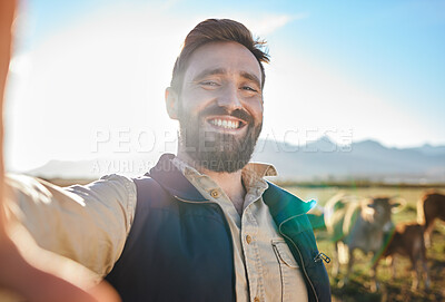 Buy stock photo Agriculture, cow or man for selfie on farm for social media, eco friendly blog or agro small business advertising. Marketing smile, happy farmer portrait or video call for sustainability of animals