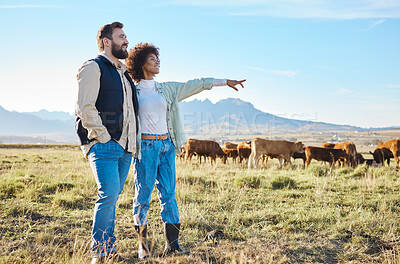 Buy stock photo Nature, cows and couple standing on farm for sustainable, agriculture or organic livestock maintenance. Agro, farming and eco friendly interracial man and woman by field with cattle in countryside.