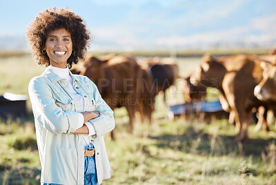 Buy stock photo Smile, cow and agriculture woman on farm for sustainability, production or thinking industry growth. Agro, arms crossed or management of farmer on countryside field for dairy, animals for nature