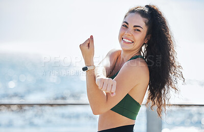 Buy stock photo Fitness, stretching and portrait of woman at beach for running, exercise and cardio or wellness, sport and body. Face, stretch and workout run by girl at ocean training, happy or warm up routine