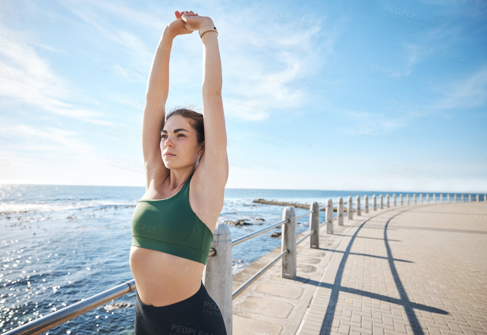 Buy stock photo Fitness, beach or sports woman stretching to start running exercise, body training or outdoor workout. Flexible, mindset or healthy girl runner with vision, focus or motivation in warm up in summer