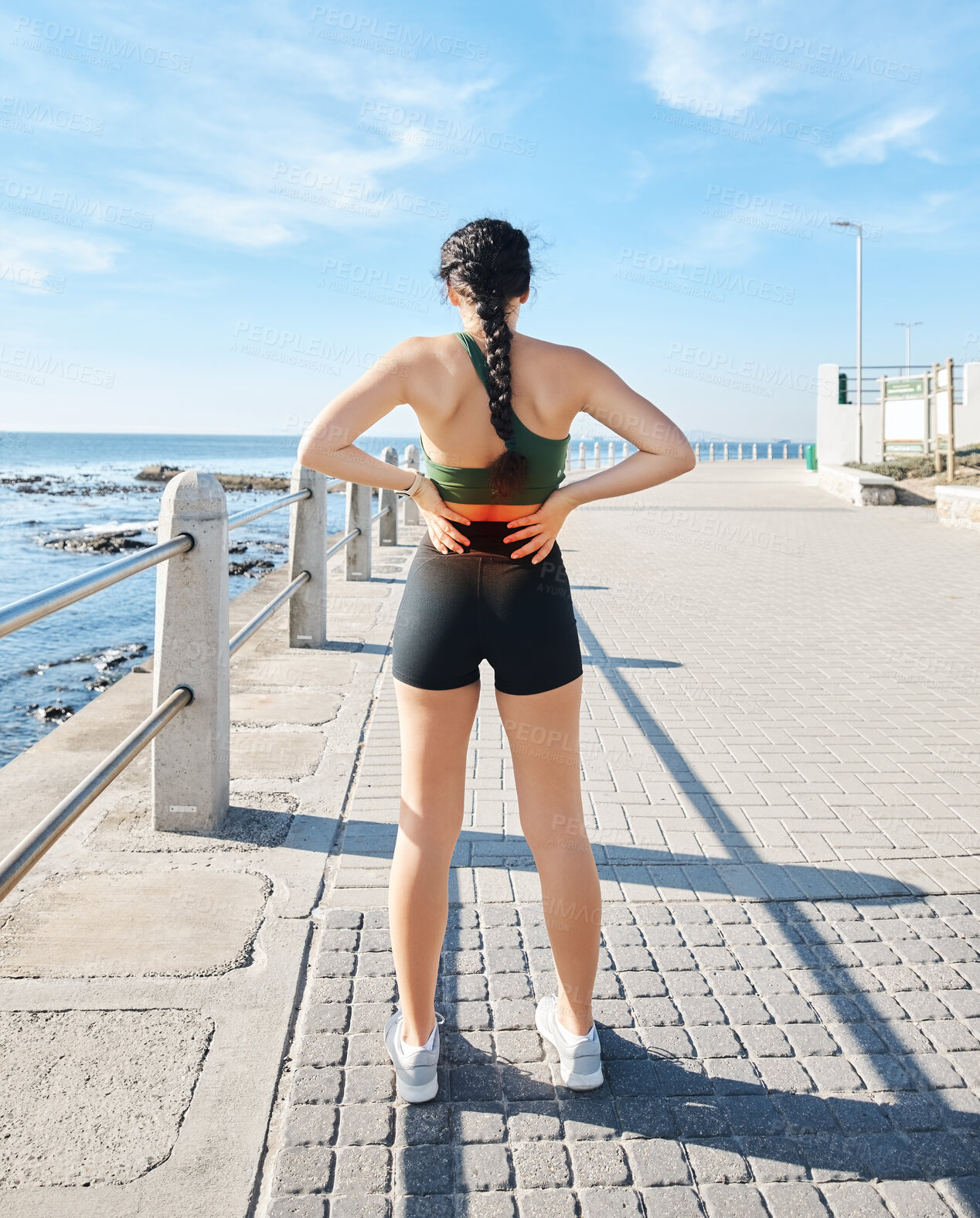 Buy stock photo Sports woman, back pain and red glow by beach fitness, ocean workout or sea training with healthcare wellness crisis. Injury, ache and body stress for runner with abstract burnout on medical anatomy