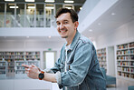 Portrait, university or man with phone in library for research, communication or blog news. Books, education or student smile on smartphone for scholarship networking, social media or online content