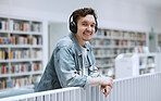 Headphones, library and student portrait for university, college or campus listening to music in study education. Research, learning and bookshelf with happy person or man on audio technology podcast