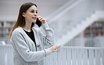 Woman, phone call and communication with technology and connect, virtual conversation with talking. Student at library, speaking on smartphone with contact for research and young person has chat