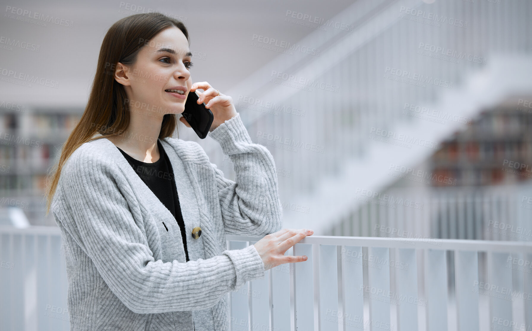 Buy stock photo Woman, phone call and communication with technology and connect, virtual conversation with talking. Student at library, speaking on smartphone with contact for research and young person has chat