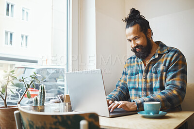 Buy stock photo Coffee shop, laptop and man planning a project for a creative freelance job with a cappucino. Technology, computer and male freelancer doing research for a creativity report with a latte in a cafe.