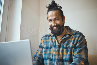 Buy stock photo Man, laptop and portrait for remote work, cafe wifi and creative style while working online. Entrepreneur person at table for social media, networking and planning while writing blog, email or report