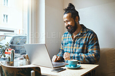 Buy stock photo Cafe, happy or startup man on laptop planning on web SEO networking, social media or B2B sale. Small business smile or remote work on tech for communication, strategy search or research in restaurant