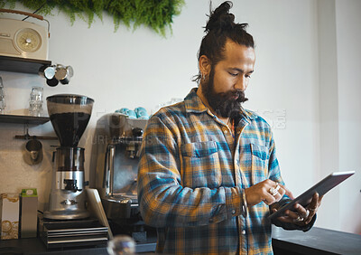 Buy stock photo Tablet work, barista and cafe owner working on digital retail shop design for business. Coffee shop waiter, ecommerce and man planning a restaurant web page for online shopping and networking