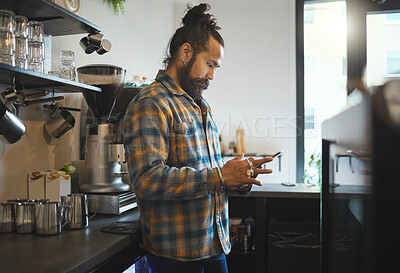 Buy stock photo Tablet search, barista and cafe boss working on digital retail shop design for business. Coffee shop waiter, ecommerce and man planning a restaurant web page for online shopping and networking