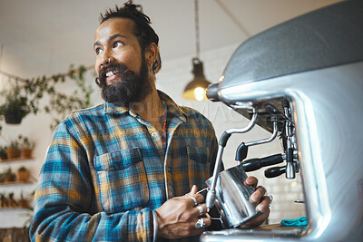 Buy stock photo Coffee shop, startup and service with a man barista behind the counter to prepare a drink. Cafe, kitchen and waiter with a male working in a restaurant as an entrepreneur or small business owner