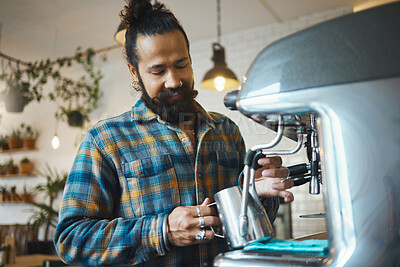 Buy stock photo Coffee shop, startup and waiter with a man barista behind the counter to prepare a drink. Cafe, kitchen and service with a male working in a restaurant as an entrepreneur or small business owner