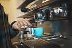 Coffee shop machine handle, hand of barista brewing espresso in restaurant and closeup of hot water beverage in cafe. Caffeine drink in mug, person holding tool on morning in kitchen and breakfast