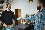 Coffee shop, customer services and people or barista in his small business startup, restaurant and food industry. Happy man with waiter, server or employee giving him an espresso in his cafe store