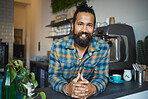 Indian man, portrait and coffee shop owner at small business ready for work with a smile. Happy, cafe and restaurant barista feeling proud of waiter service and boss management at professional job