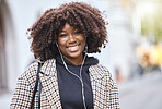 Black woman, portrait and smile with earphones in city, urban town and Kenya. Happy plus size african female listening to music, radio and audio podcast with natural afro, happiness and relax outdoor